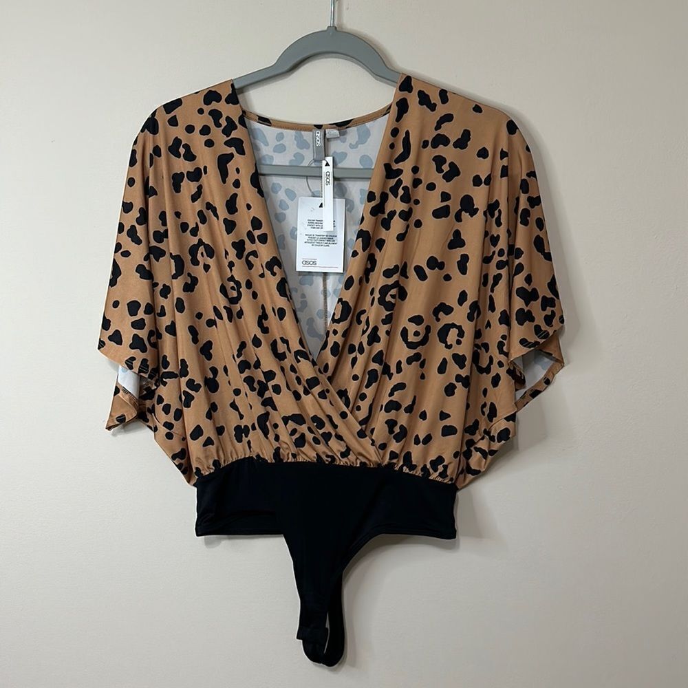 ASOS DESIGN angel sleeve wrap bodysuit in animal print